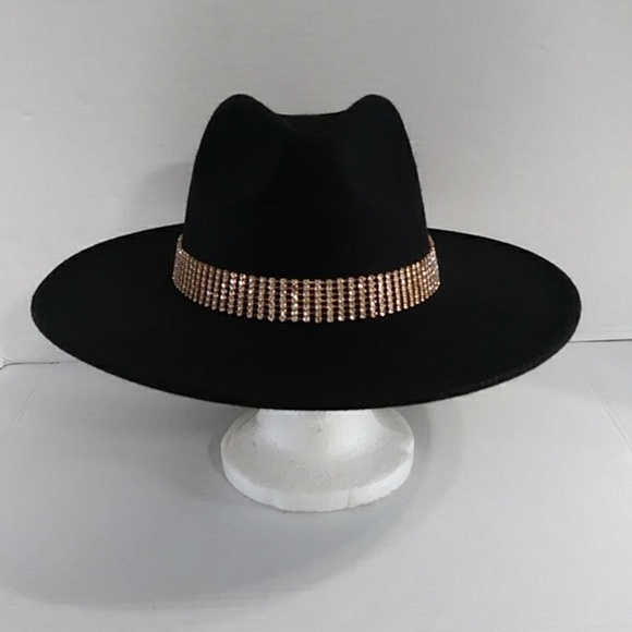 None Accessories - Black Fedora Hat With Gold Rhinestone Trim *EUC*